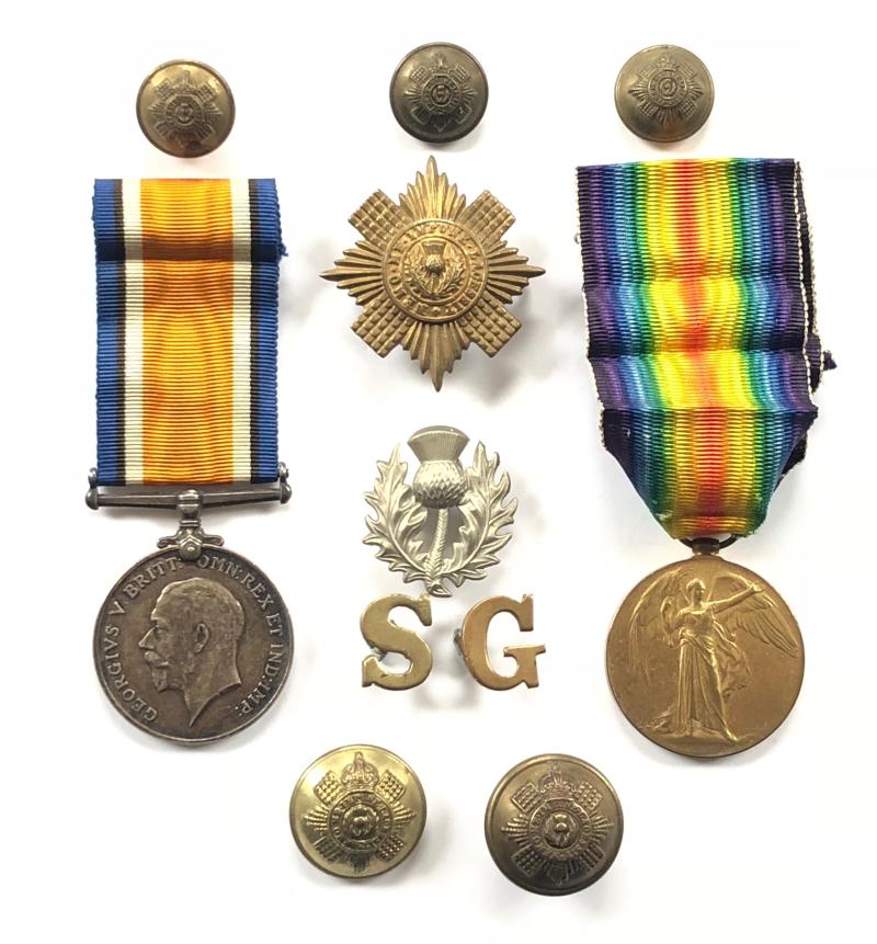 WW1 Scots Guards Casualty Pair Of Medals & Badges.