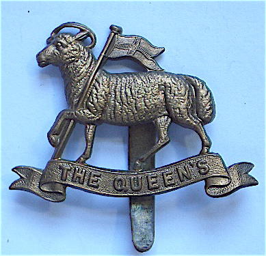 Queen's Regiment all brass WWI economy cap badge.
