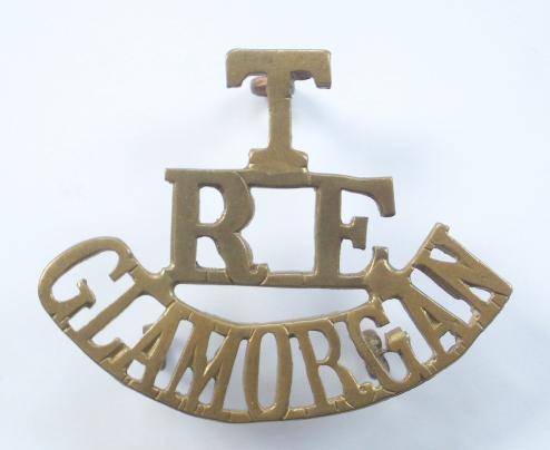 T / RE / GLAMORGAN brass post 1908 Royal Engineers Welsh shoulder title