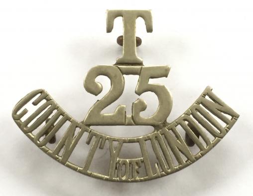 T / 25 / COUNTY OF LONDON WW1 25th (Cyclist) Bn White Metal Shoulder Title