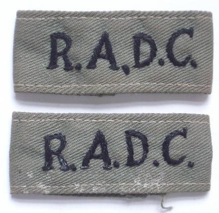 R.A.D.C. Royal Army Dental Corps pair of olive drab Jungle Green slip-on titles