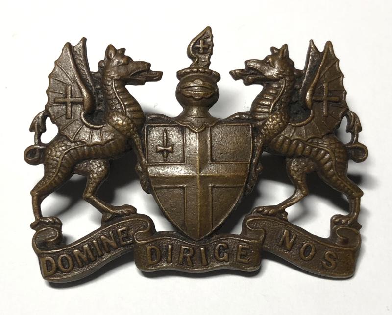 City of London Volunteer Corps WW1 VTC bronze cap badge with JR Gaunt, London tablet to reverse.