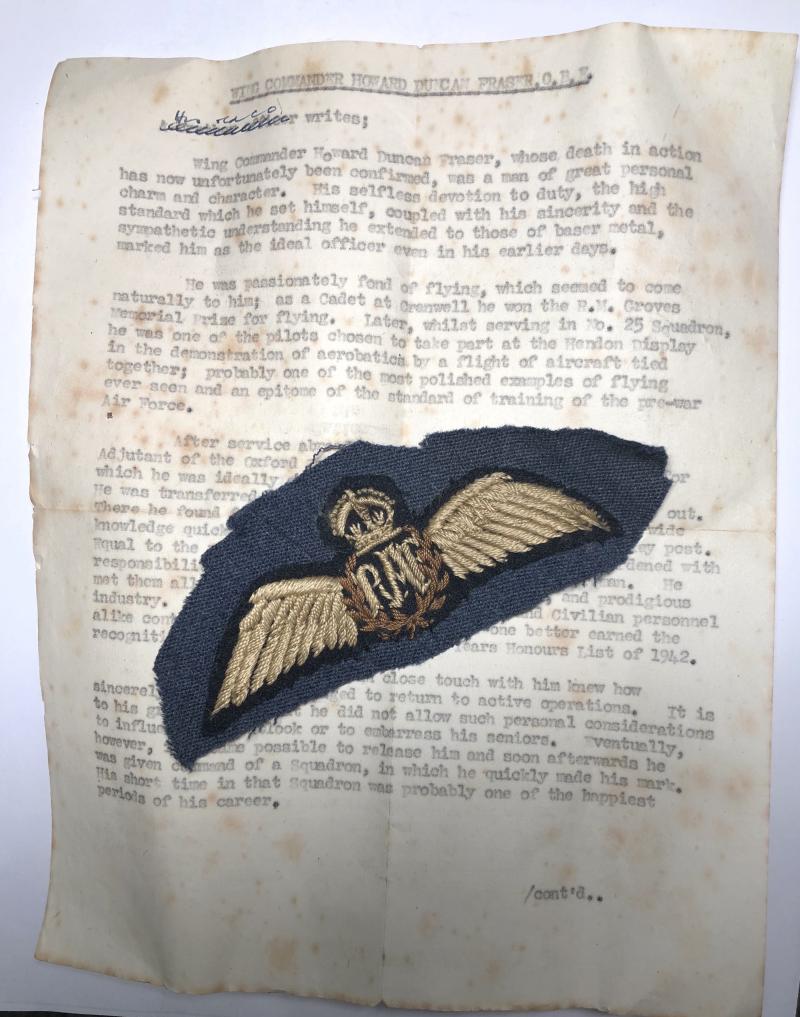 RAF WW2 attributed Pilots Wing (killed in action) with letter.