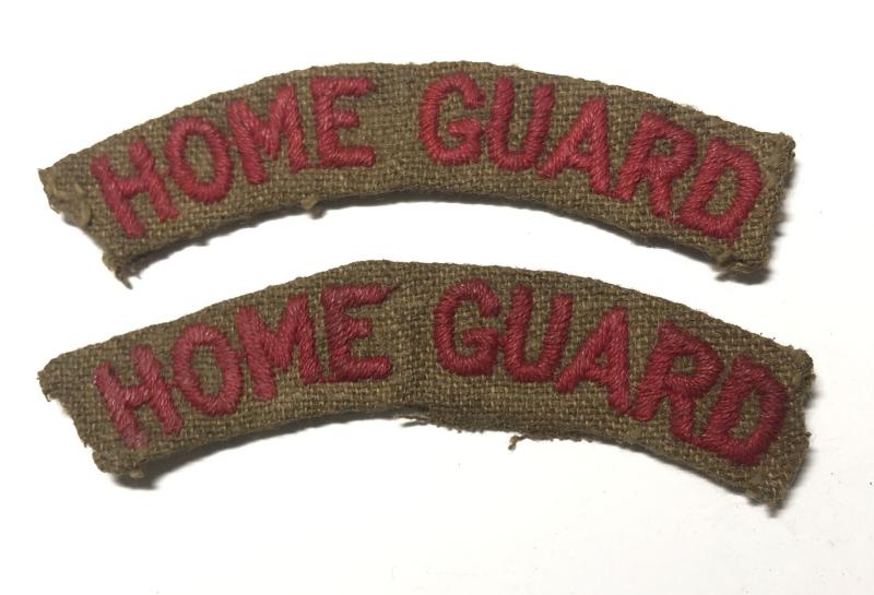 HOME GUARD WW2 pair of RED on khaki shoilder titles