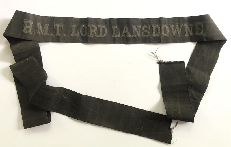 H.M.T. LORD LANDSDOWNE WW1 cap tally / ribbon.