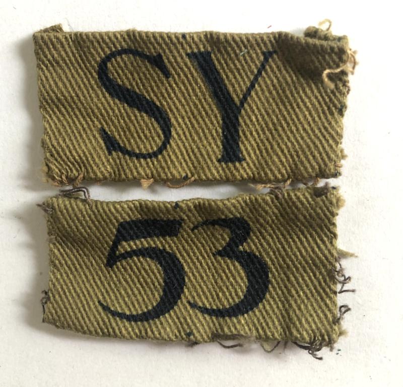 SY / 53 (Weston Green) Surrey WW2 Home Guard cloth designation.