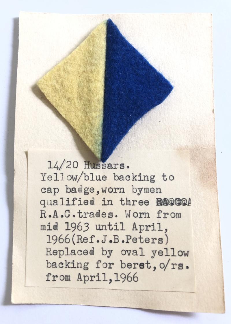 14th/20th Hussars cavalry cap badge backing c. 1963-66.